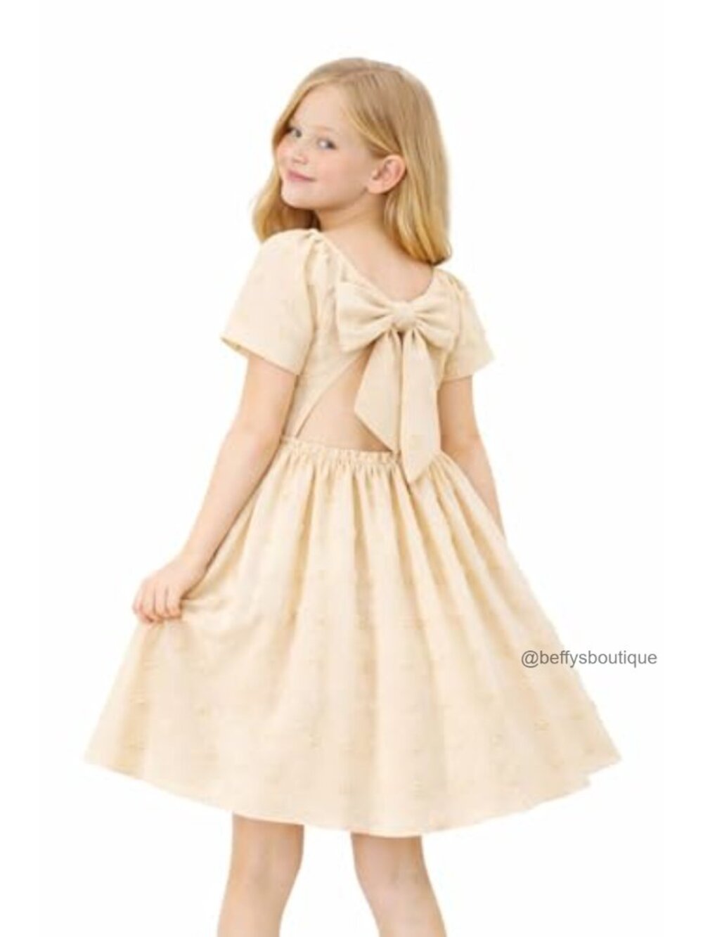 Girls Textured A-Line Dress Tie-Back Bow Short Sleeve Casual Party